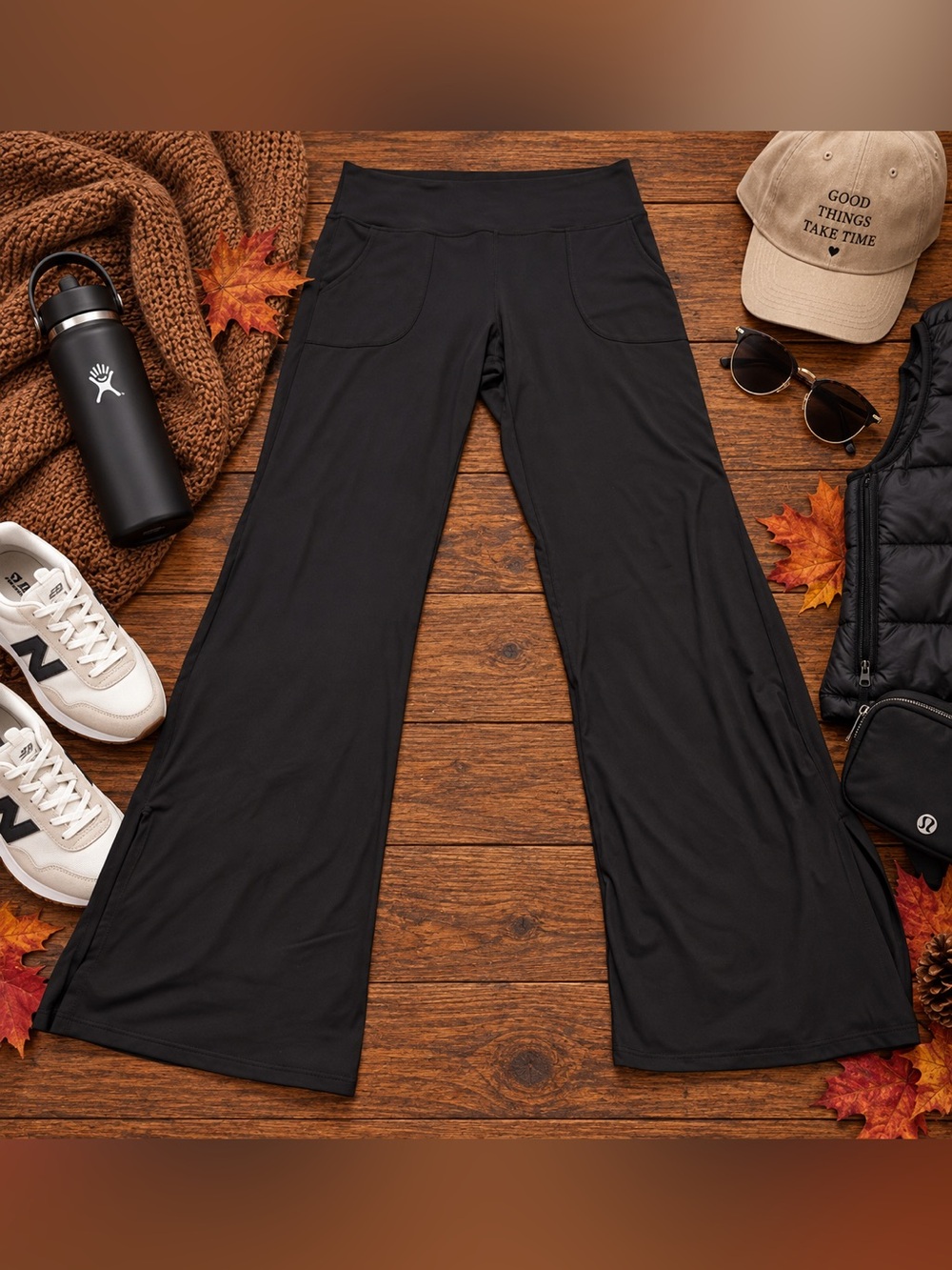 Women’s Black Wide Leg Yoga Lounge Pants High Rise Pockets L/XL